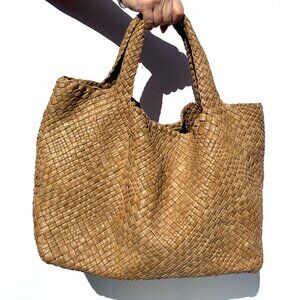 Original Falorni Italia Le Borse F1396 Woven Leather Tote Bag w/Zip Pouch Mocha